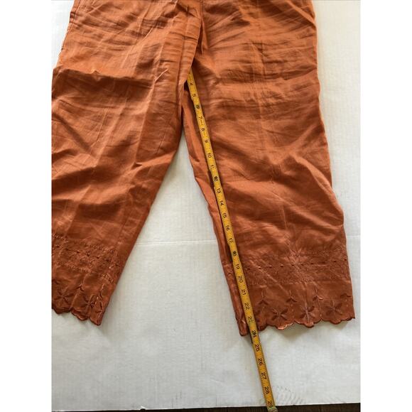 VTG 80s 90s Lino USA Orange Floral Decorated 100% Linen Pants Medium Summer - Picture 6 of 7